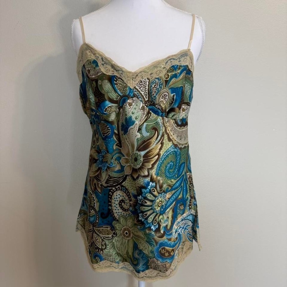 Aqua Blues VTG 90s Y2K Slip Micro Dress Cami Top Lace Paisley Floral Sz L